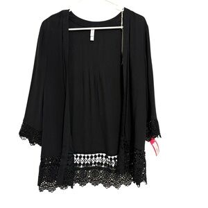 2/$30 Xhilaration Black Lace Trim Open Front Kimono Cardigan Top Size Small NWT